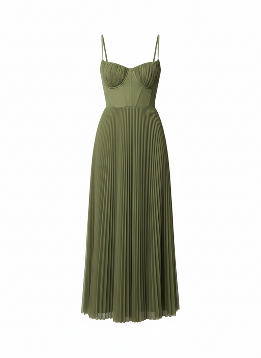 Solid Mid~Calf Dress/Deep V Neck Slim Pleated Maxi Dress/Sleeveless Female Smooths Silhouette/ Bridesmaid Gown Dress.
