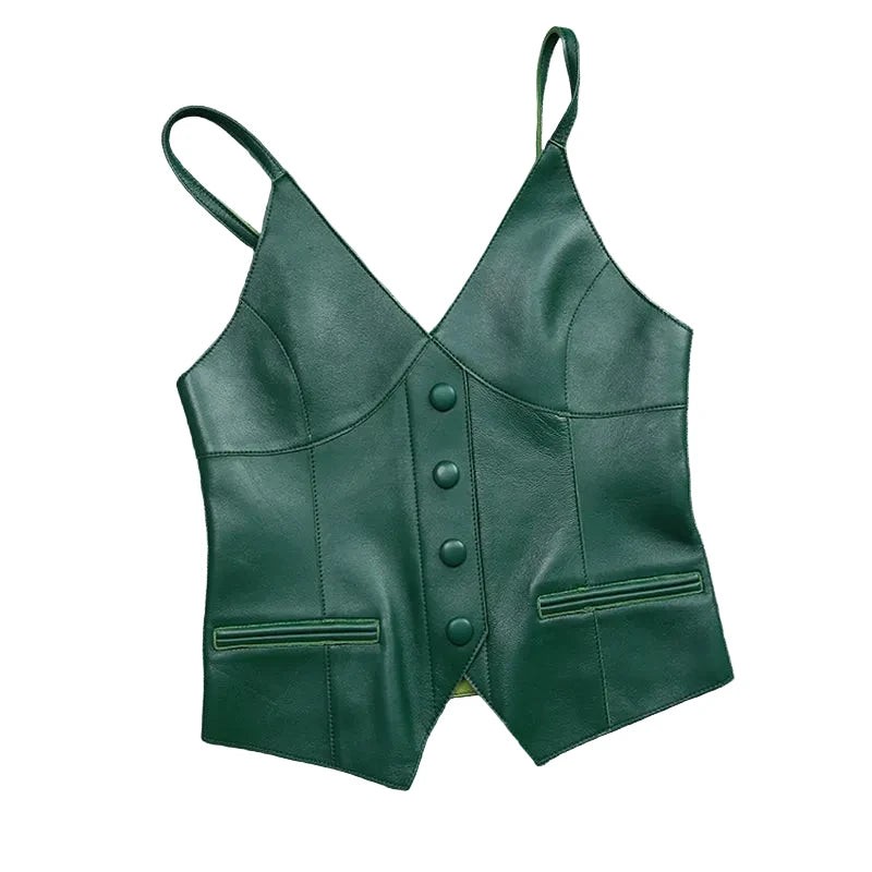 Luxury Genuine Sheepskin Leather Vest for Women – Tailored V-Neck Button Front Streetwear Top (Black, Camel, Green, Purple, Orange, Khaki)