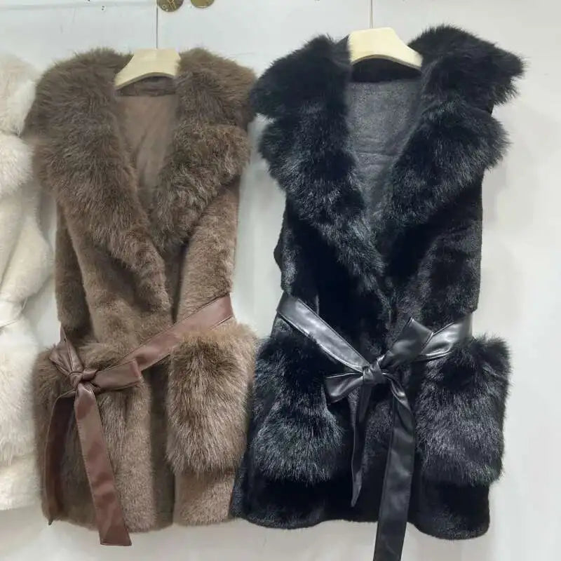 Puffy European Sleeveless Waist Cost Lace-up Design Long Fur Waistcoats/Thick And Warm Women Winter V~Neck Vest.