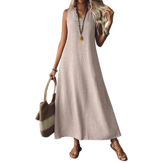 Trendy Solid V-Neck Loose Dress/Sleeveless V Neck Pullover Dresses/Holiday Beach Skirt Robe.