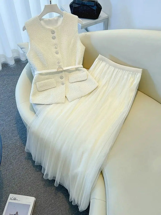 Luxury Cream Bouclé Vest & Tulle Maxi Skirt Set – Elegant Two-Piece Women’s Boutique Outfit