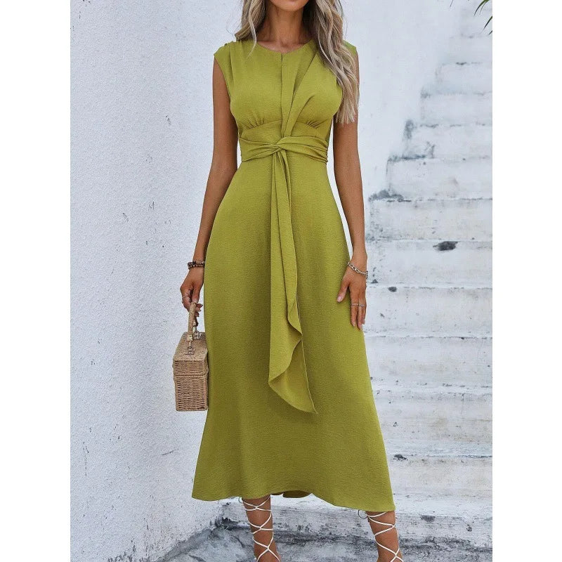 Elegant Sleeveless Waist Tie Midi Dress for Women – Romantic Vacation A-Line Summer Dress | Casual Chic Date Night Outfit | Modern Blend Boutique