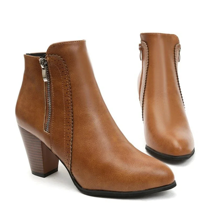 Women’s Faux Leather Ankle Boots | Chunky Block Heel, Side Zipper, Round Toe, Classic Dress Booties – Black & Cognac Brown