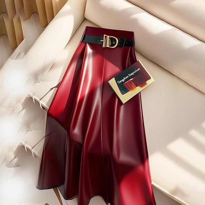 Burgundy Faux Leather A-Line Midi Skirt with Belt – Elegant High-Waist Vegan Leather Skirt