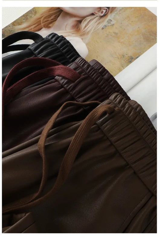 Luxury PU Leather Jogger Pants for Women – High-Waist Elastic Drawstring Wide-Leg Trousers – Comfy Chic Vegan Leather Athleisure Pants