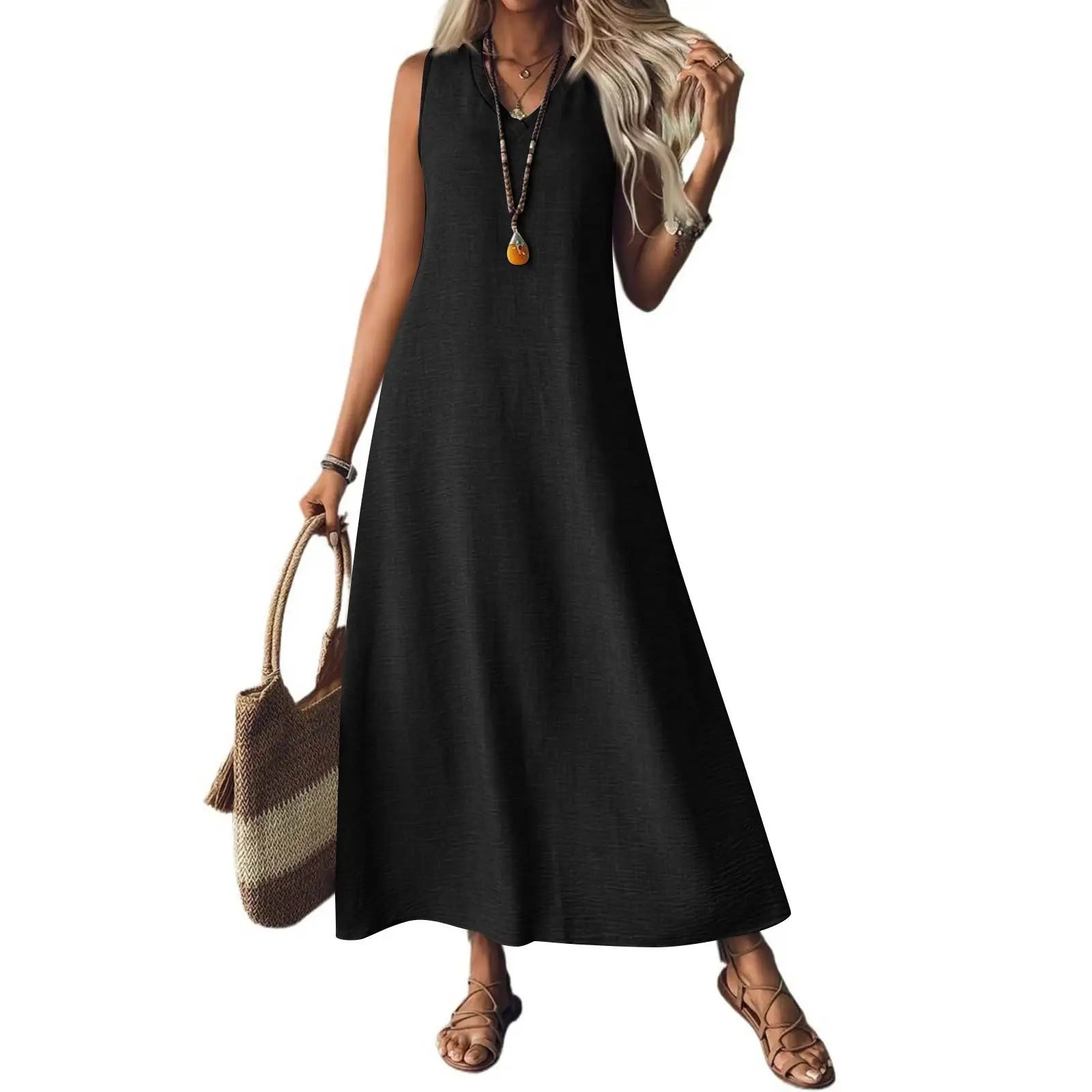 Trendy Solid V-Neck Loose Dress/Sleeveless V Neck Pullover Dresses/Holiday Beach Skirt Robe.