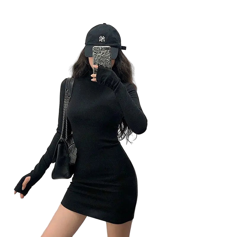 Stylish Solid Turtleneck Dress/Tight Fitting Long Sleeve European Body~Con Dress.