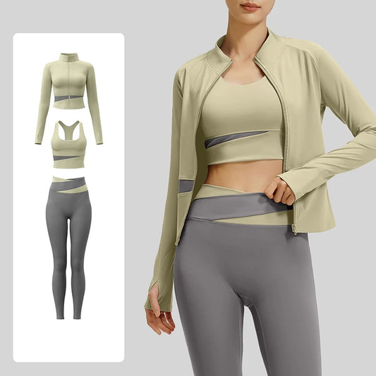 Women’s 3-Piece Colorblock Activewear Set – High-Waist Leggings, Sports Bra & Zip-Up Yoga Jacket | Breathable Quick-Dry Workout Set