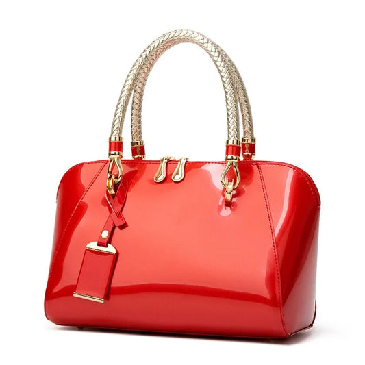 Luxury Pink Patent Leather Handbag – Glossy Top Handle Tote with Gold Hardware | Modern Blend Boutique
