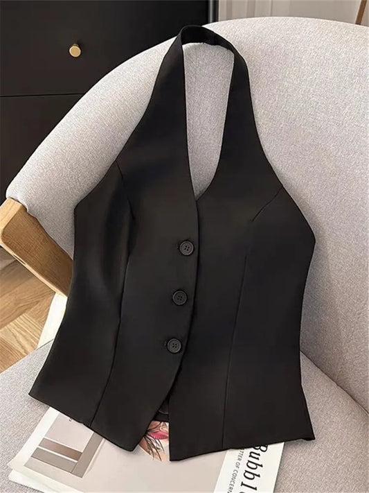 Women's denim jacket vest/Halter Vest Shirt Solid Color Neckline Tie Front Sleeveless/Polyester