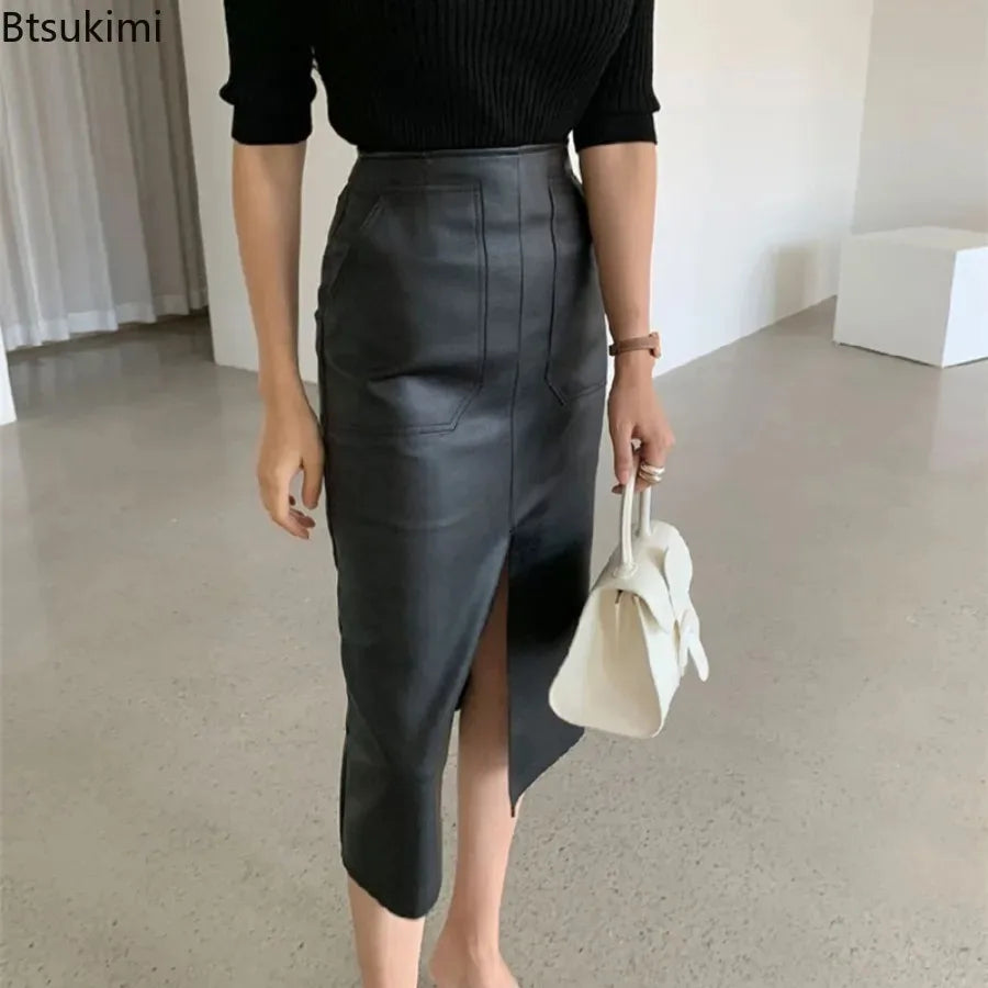 Modern Blend Boutique Women’s High-Waisted Faux Leather Midi Pencil Skirt – Elegant Front Slit, Slim Fit PU Leather Skirt, Timeless Chic Office & Evening Wear