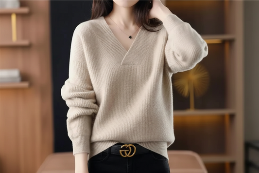 Stylish Cashmere Sweater/Women's 100% Wool Sweater/Fashion V-neck Knitted Pullover/Winter and Autumn Loose Solid Soft Sweater