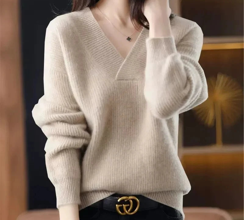 Stylish Cashmere Sweater/Women's 100% Wool Sweater/Fashion V-neck Knitted Pullover/Winter and Autumn Loose Solid Soft Sweater