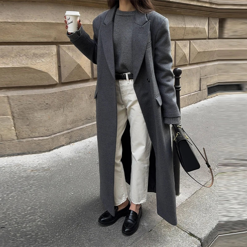 Classic Oversized Winter Coat/Women's Long Sleeved Coat/Turn-Down Collar/Adjusted Long Sleeved/Single Button Mid-length/Outerwear.
