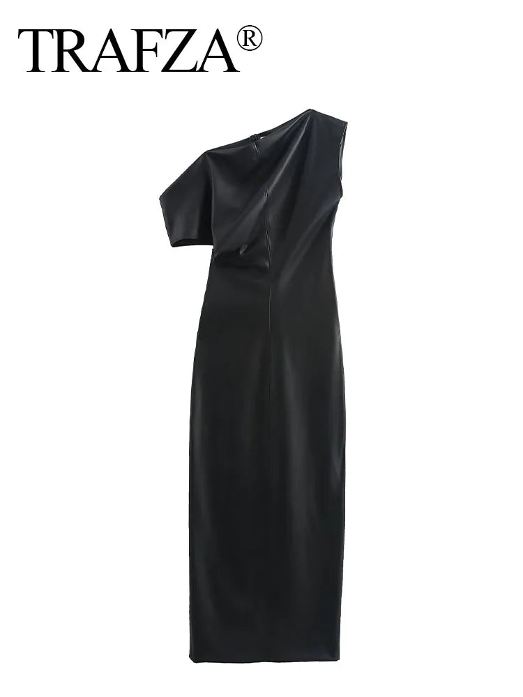 Black Leather Sleeveless Dress/Back Zipper Midi Asymmetrical Slit Hem Folds/Slim Party Dress/All Occasions.