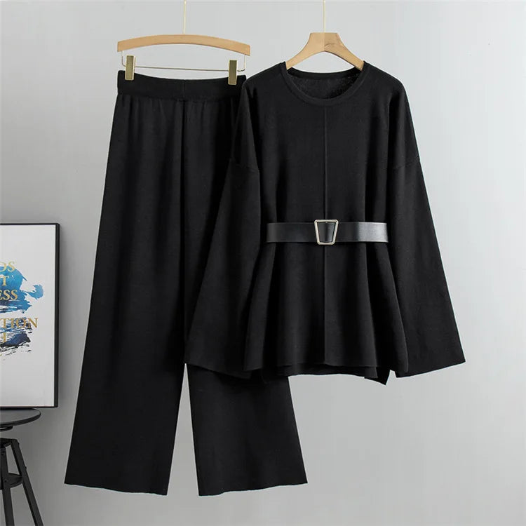 Women’s Elegant Knit Two-Piece Set | Belted Sweater & Wide-Leg Pants | Timeless Minimalist Elegance