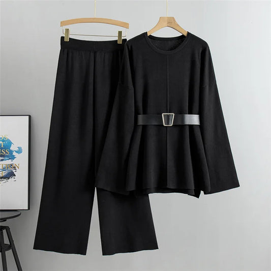 Women’s Elegant Knit Two-Piece Set | Belted Sweater & Wide-Leg Pants | Timeless Minimalist Elegance