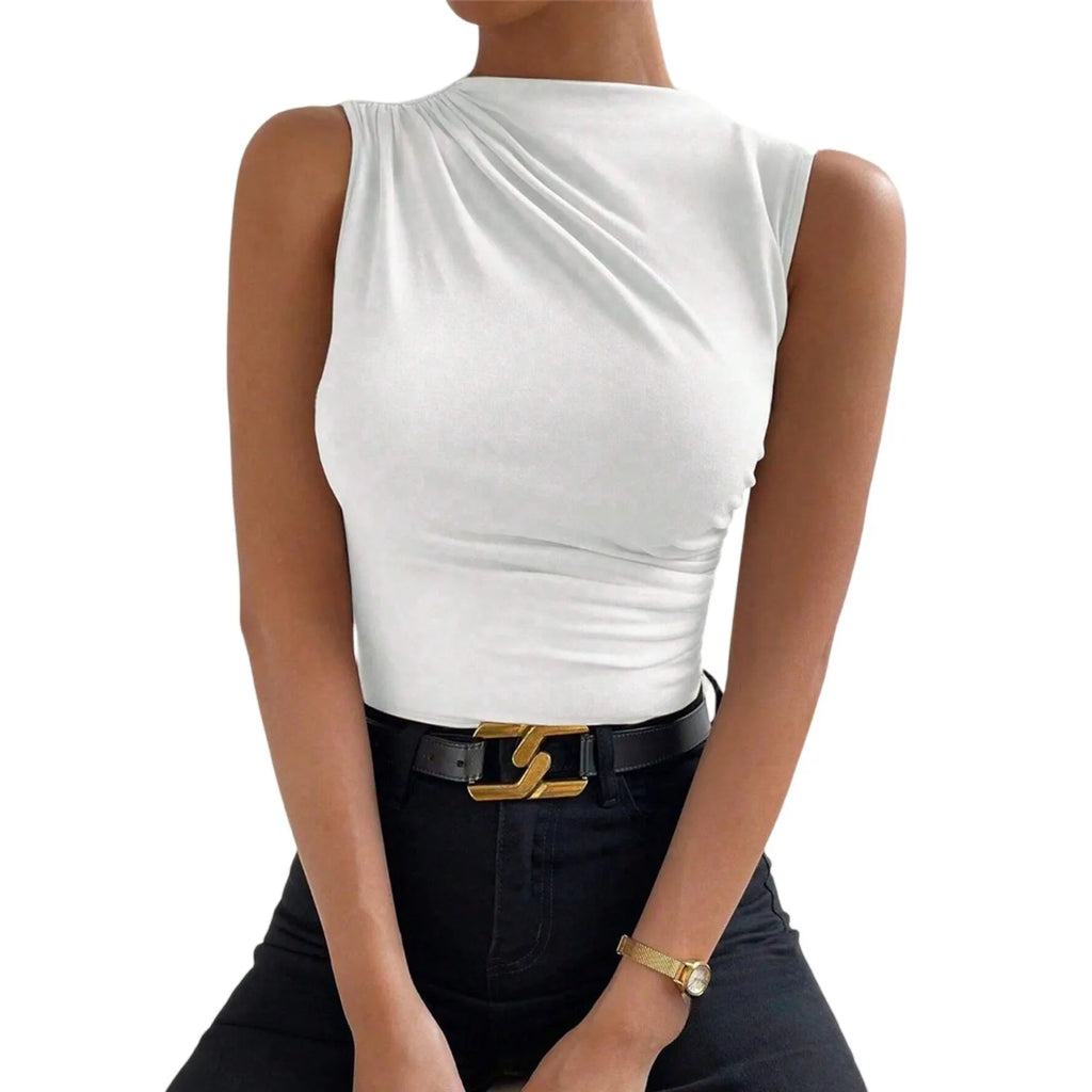 Solid Color Commuted Sleeveless Tight Top’s/Women Fashion Casual Mock  High Neck Ruched Top’s.