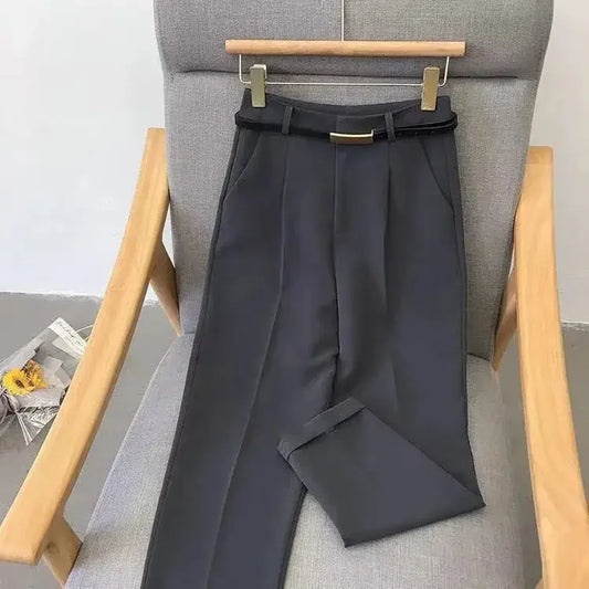 Casual Pants Women Fashion Solid Color Sashes  Slim Straight Trousers Chic Business Mujer Retro Belt.