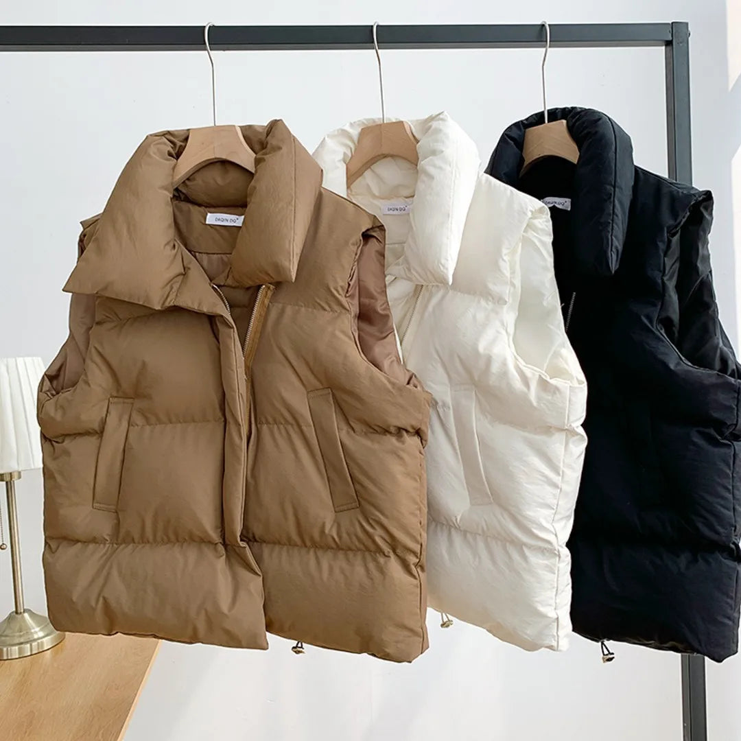 Oversized Autumn Stand Collar Elegant Down Coats/Warm Outerwear Casual Belt Sleeveless Winter Women Vests Jackets.