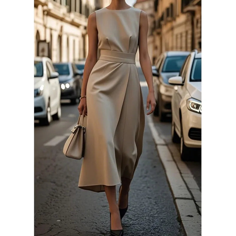 Modern Sleeveless Elegant Dress/Fashion Round Neck Lace-up Style/Solid Colored Ankle Length Long Dress.