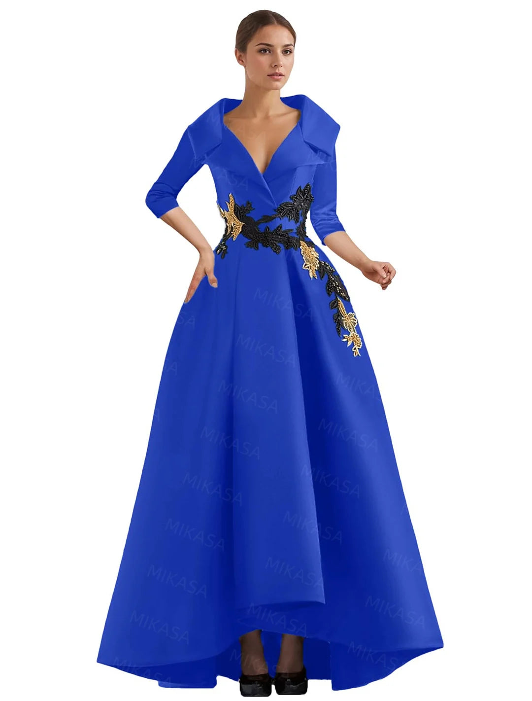 Elegant A Line Vintage Gown/Modern Three Quarter Sleeves V~Neck Dress/Party Gowns With Appliqué’s/Pockets Irregular Ruffles.