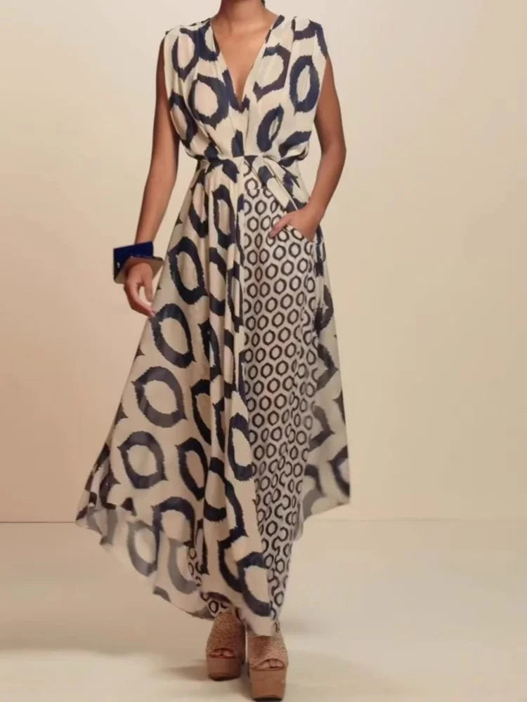 Two-piece Suit Ladies Dress/Printed Sleeveless/V-Neck Lace-Up Top/Slim-Fit Trousers Set.