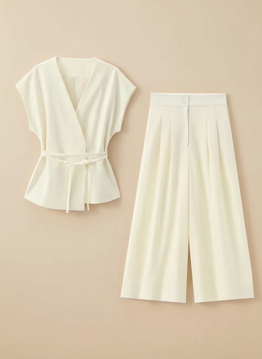 TFMLN Women's Trouser Suit’s/Sleeveless V-Neck/Top With Belt/Straight Pants Set’s/Autumn Commuter 2 Piece Set.