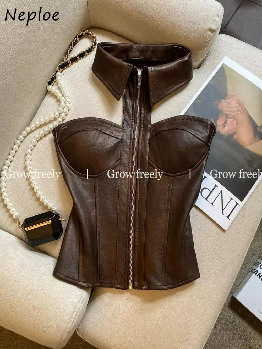 Luxury Halter Neck Corset Bustier Top with Collar & Front Zipper – Champagne Beige & Chocolate Brown Faux Leather Sculpted Top