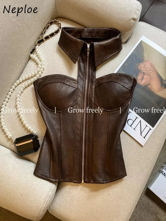 Luxury Halter Neck Corset Bustier Top with Collar & Front Zipper – Champagne Beige & Chocolate Brown Faux Leather Sculpted Top
