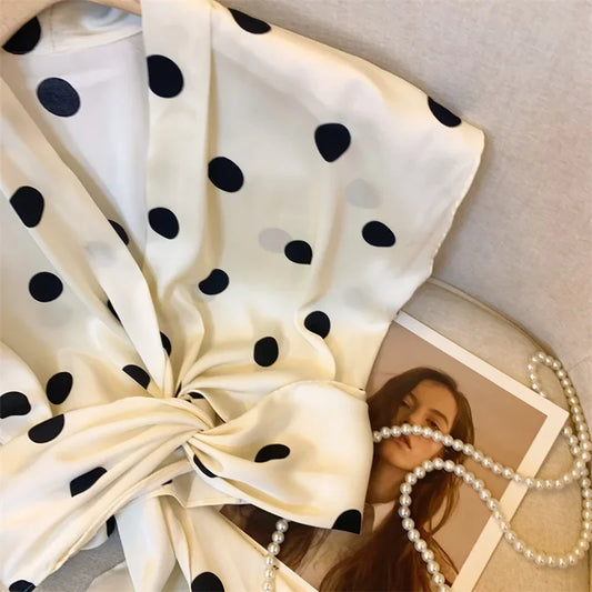 Elegant Polka Dot Tie Front Blouse – Women’s Retro V-Neck Waist Tie Top | French Chic Lightweight Luxury Blouse | Modern Blend Boutique
