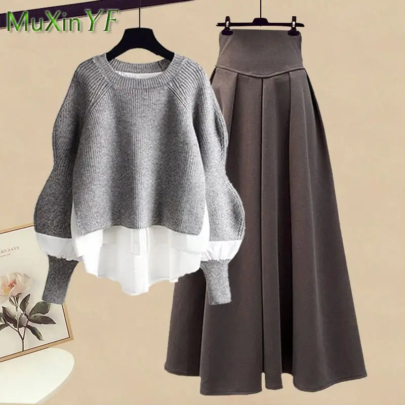 Elegant Splice Pullover Set/Two Piece Knitted Sweater Dress/Matching Chic Pullover Skirt Set.