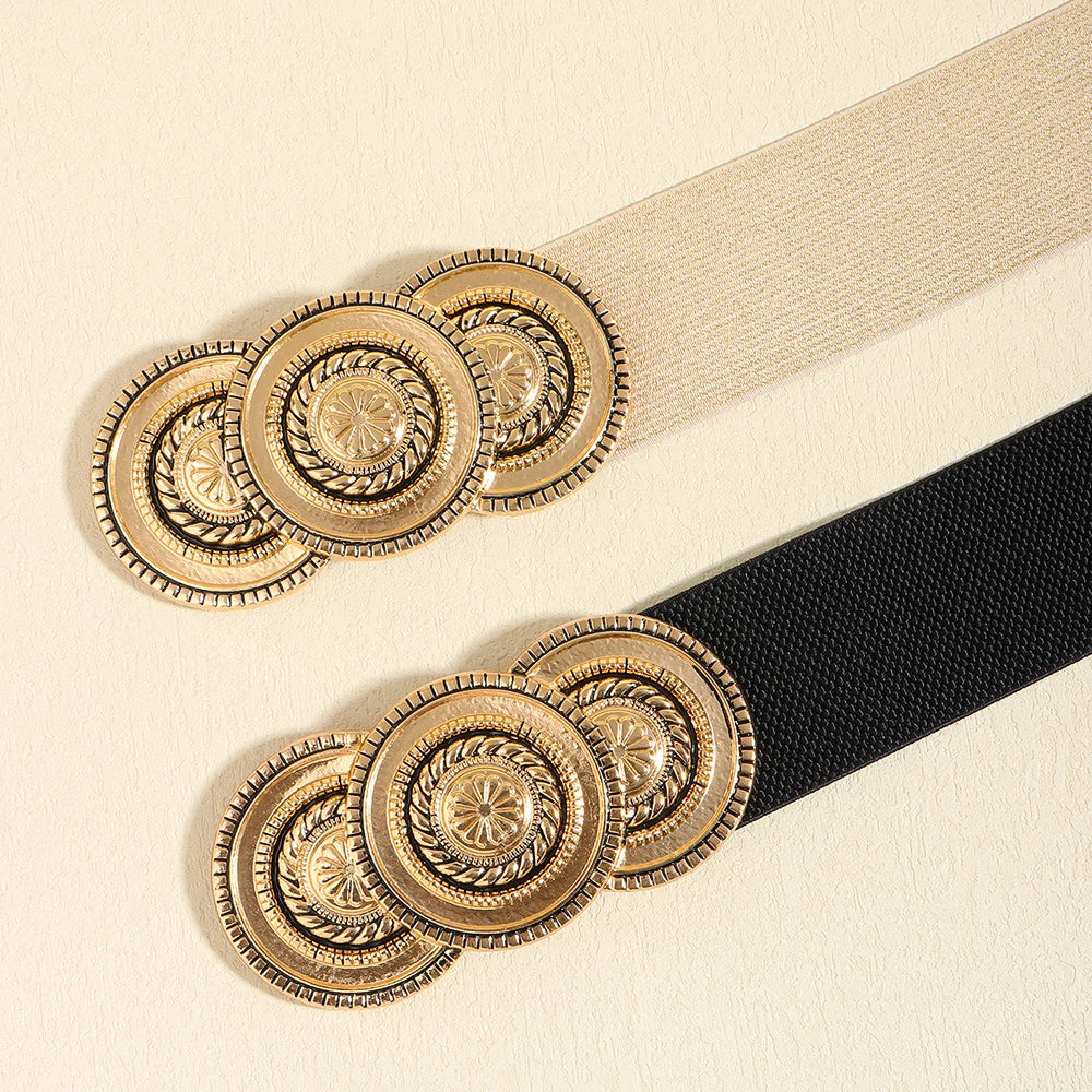 Luxury Wide Elastic Waist Belt for Women – Gold Statement Buckle Stretch Fashion Belt