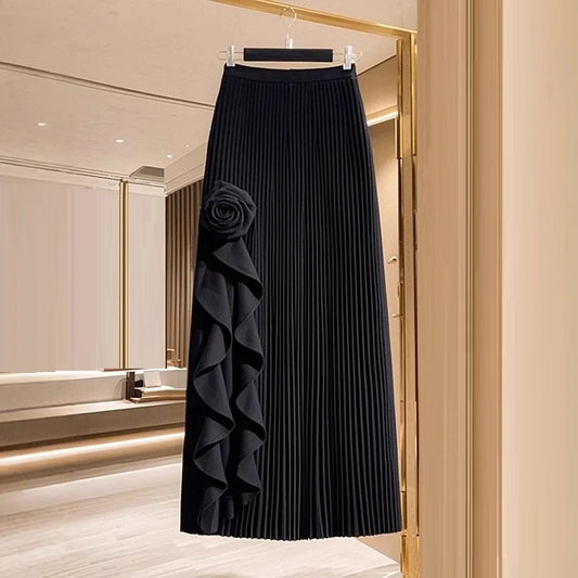 Solid Autumn Winter Skirt/Women/Elastic High Waist A-line Pleated Skirt Midi Skirt Female Elegant Skirts/Med Stretched.
