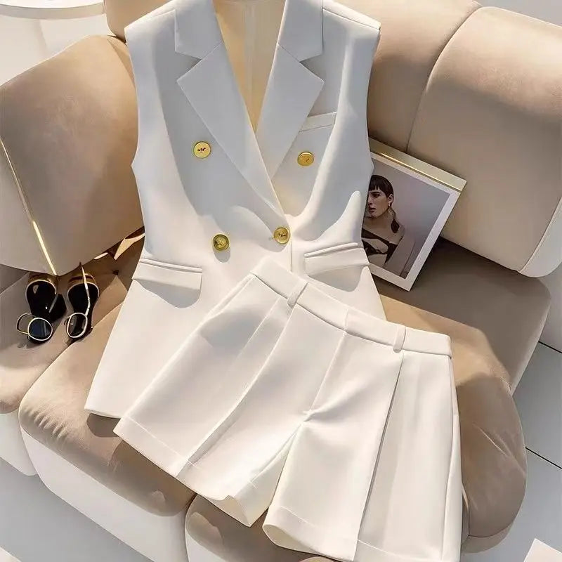 Exquisite White Sleeveless Blazer & Shorts Set with Gold Button’s/Admirable Women's Business Casual Suit.