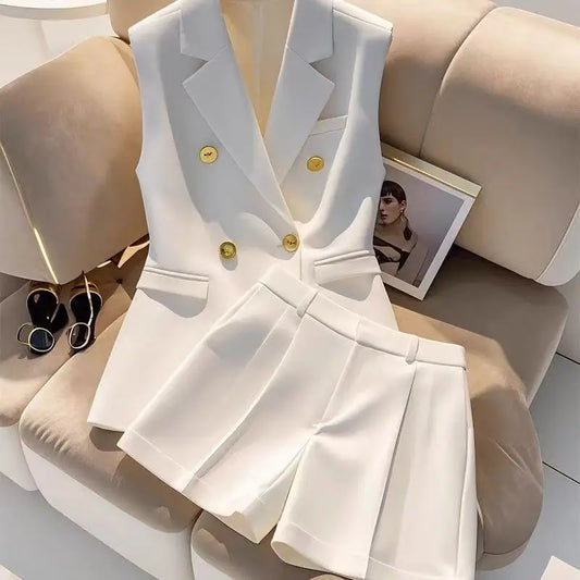 Exquisite White Sleeveless Blazer & Shorts Set with Gold Button’s/Admirable Women's Business Casual Suit.