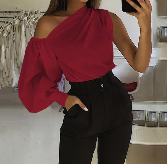 Women's Solid Color Oblique/Shoulder fit long Sleeve. For casual use/Off Shoulder design. Female Fashion Lantern Long Sleeve Shirts.