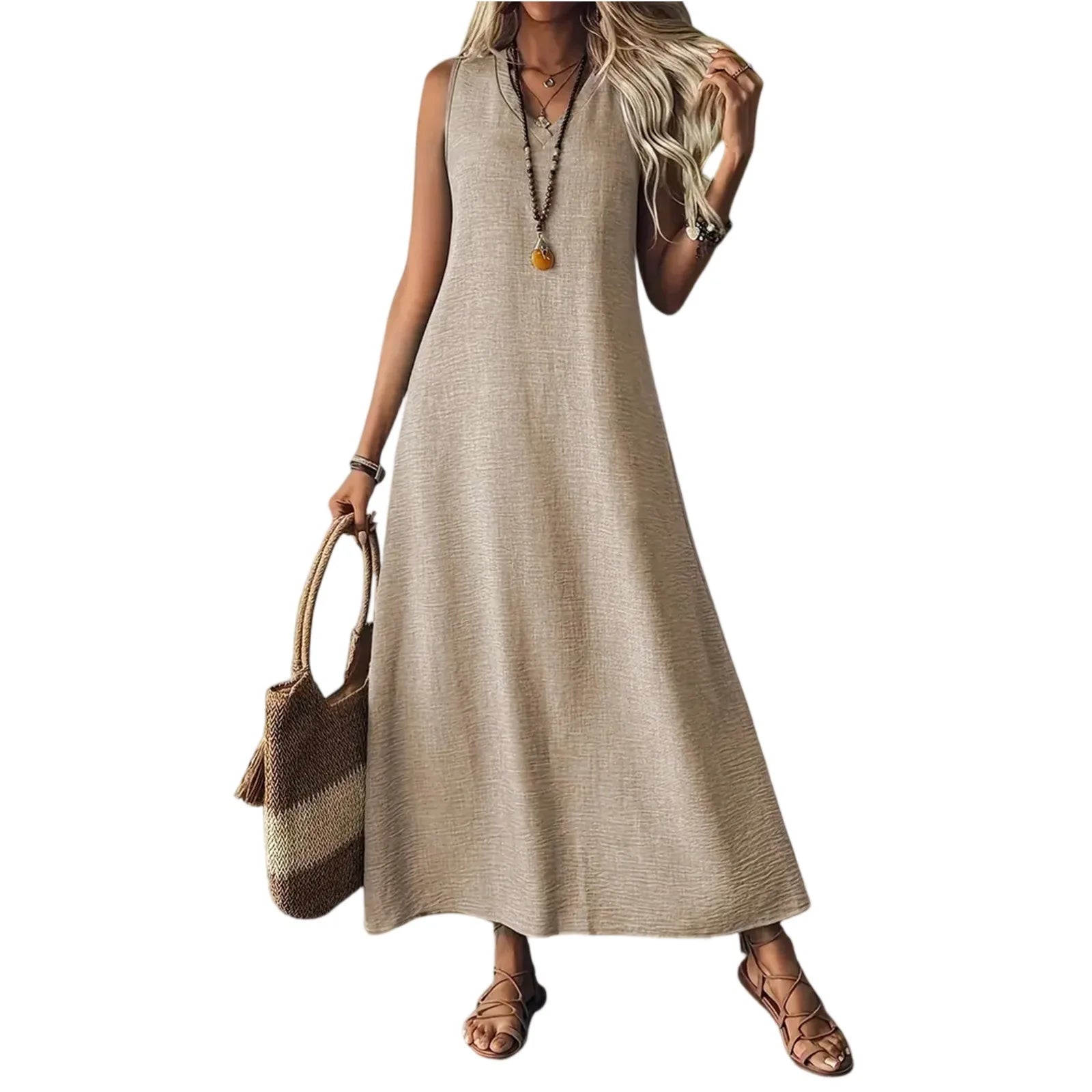 Trendy Solid V-Neck Loose Dress/Sleeveless V Neck Pullover Dresses/Holiday Beach Skirt Robe.
