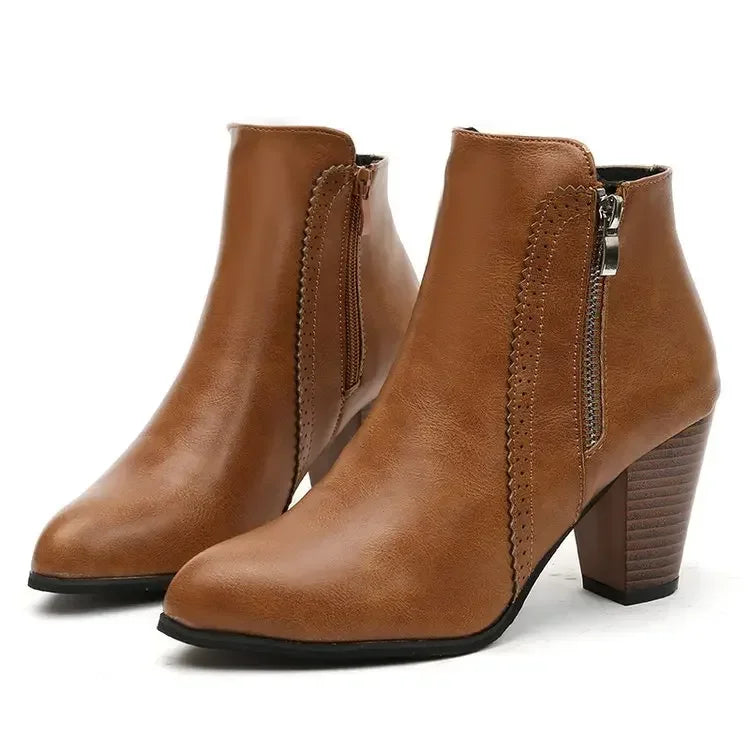 Women’s Faux Leather Ankle Boots | Chunky Block Heel, Side Zipper, Round Toe, Classic Dress Booties – Black & Cognac Brown