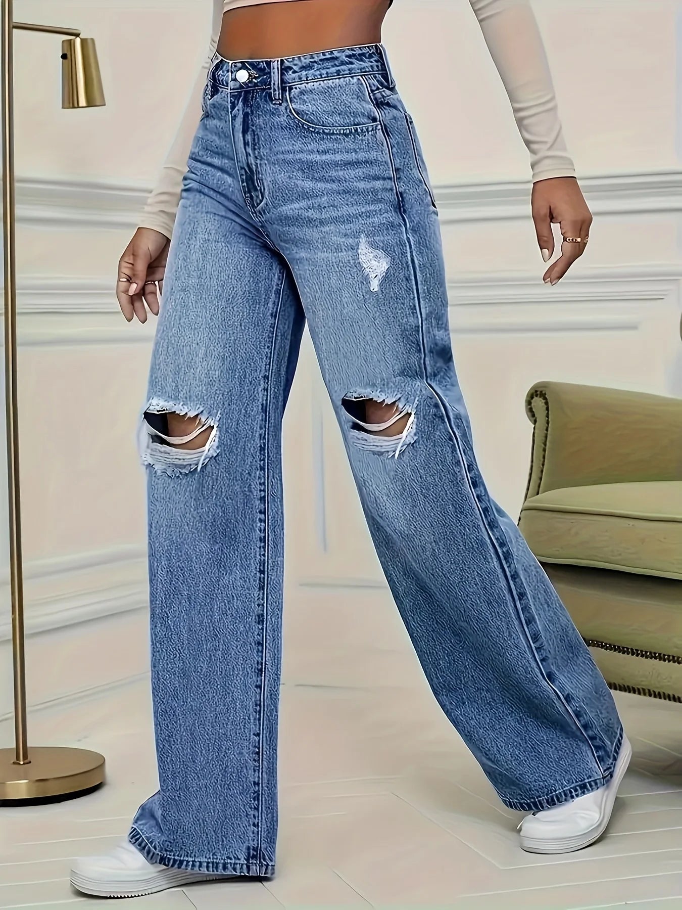 Loose Fitted High-Waist Denim/Straight Leg Jeans/Style Up Ripped Details/Casual wear/Fashionable Ankle Length Pants/Outdoor wear.