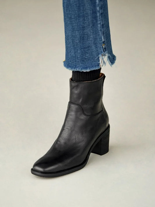 Women’s Genuine Leather Ankle Boots | Vintage European-Inspired Round Toe Booties, Side Zipper, Block Heel, Classic British Style