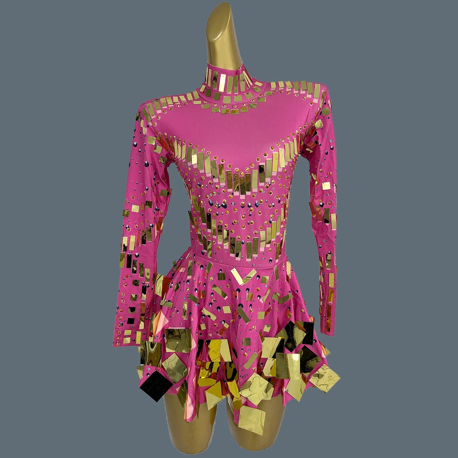 Dazzling Golden Rhinestone Mini Dress/Stage Sequined Maxi Dress/Concert Event Day/Crystal Mirror Silhouette A-LINE Dress.