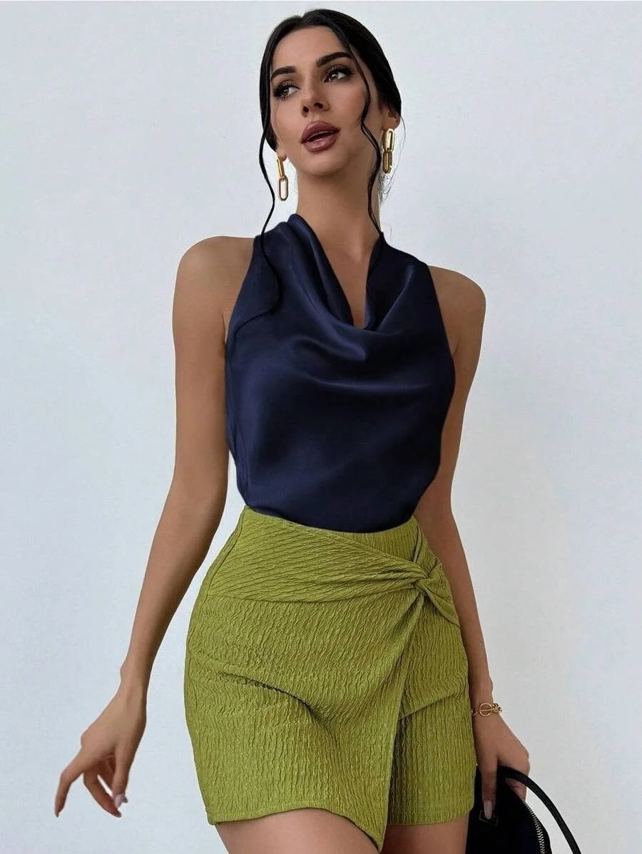 Elegant Satin Halter Blouse for Women – Sleeveless Bow Neck Office Lady Top