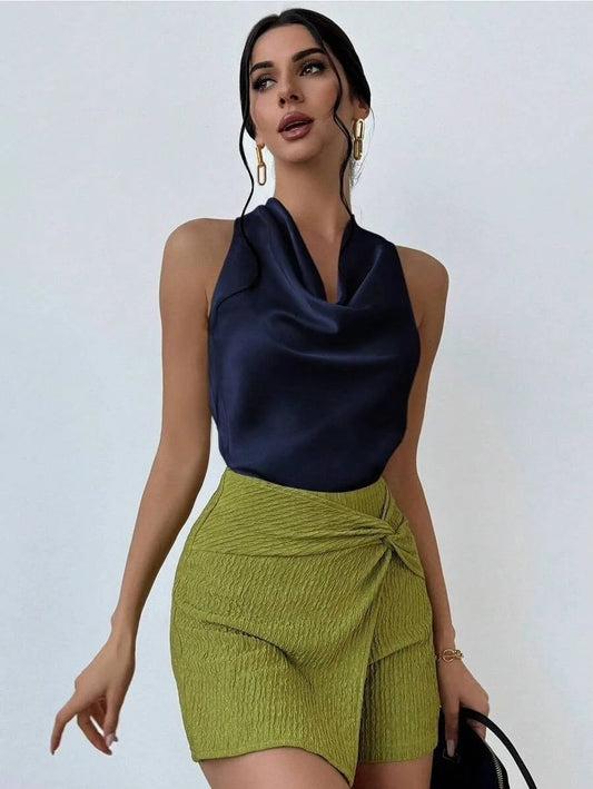 Elegant Satin Halter Blouse for Women – Sleeveless Bow Neck Office Lady Top