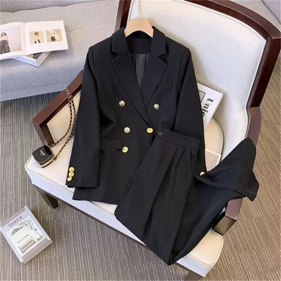 Khaki Office Double Breasted Suits Sets Women New Long Sleeve Blazer Jackets Conjunto Ol High Waist Straight Pants Outfit