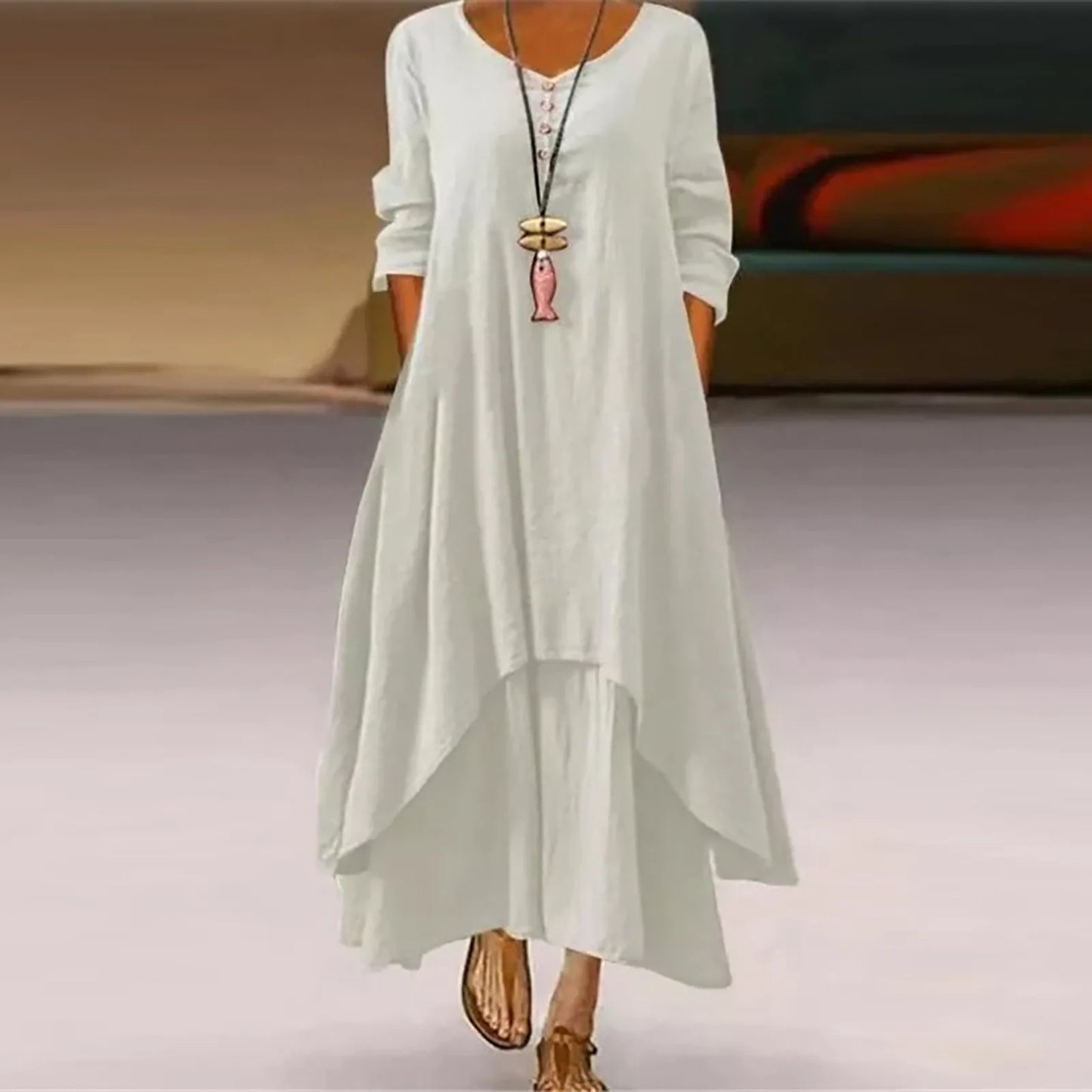 Oversized Linen Ginger Dresses/Bohemia Layering Vintage Robe/Long /Sleeve Loose Long Dress Female Autumn Vestidos.