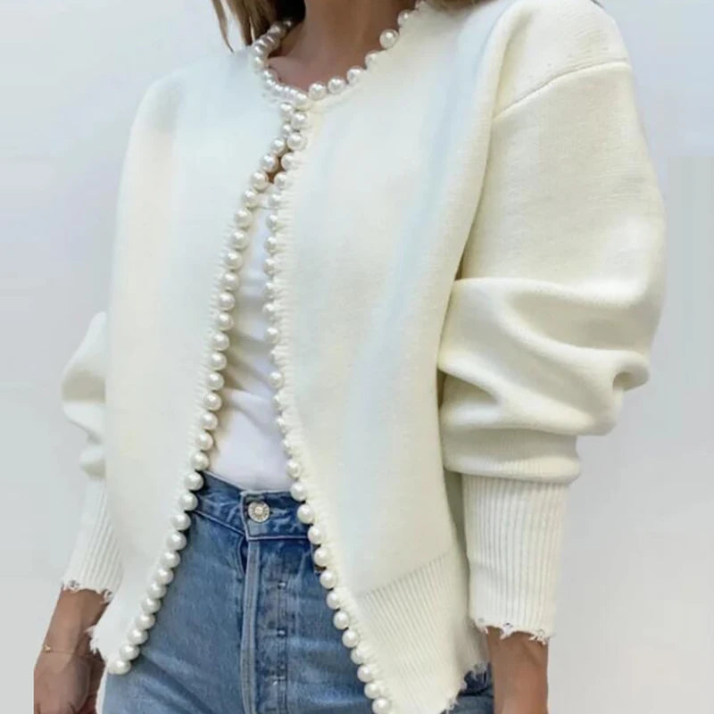 Women's Open Front Pearls/Trim Cardigan Sweater Casual Knitted/Long Sleeve Knit Sweater With Pearls/Elegant White Sweater.