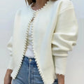 Women's Open Front Pearls/Trim Cardigan Sweater Casual Knitted/Long Sleeve Knit Sweater With Pearls/Elegant White Sweater.