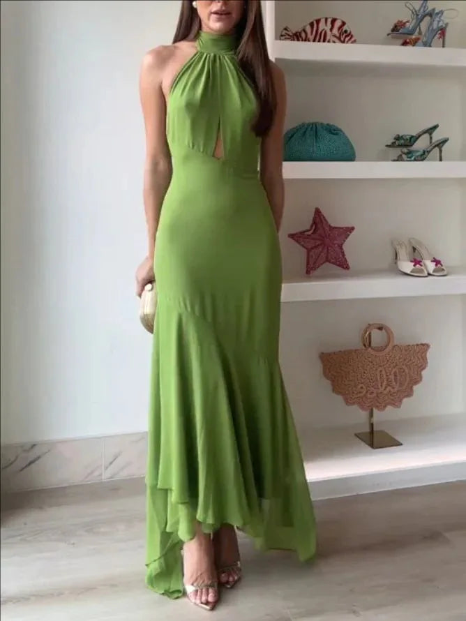Elegant Olive Green Halter Maxi Dress for Women – Backless Lace-Up Asymmetrical Hem Evening Party Gown | Modern Blend Boutique