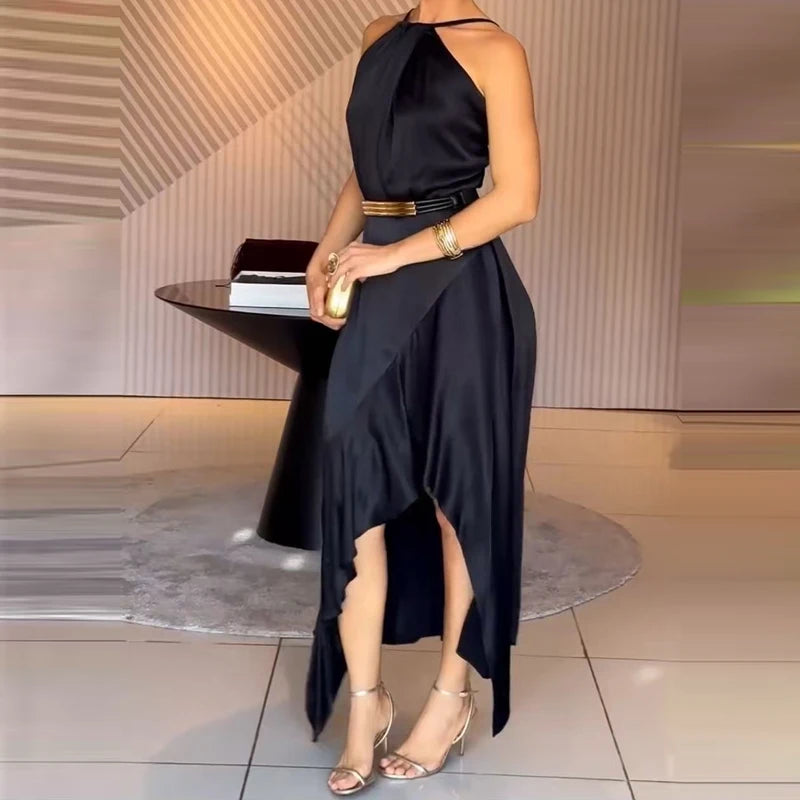Elegant Black Satin Halter Midi Dress for Women – Asymmetrical Hem, Backless Evening & Cocktail Dress | Modern Blend Boutique